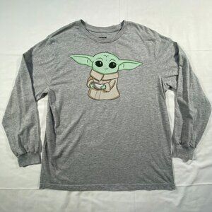 Baby Yoda Shirt Mens Large Long Sleeve Star Wars Gray Mandalorean